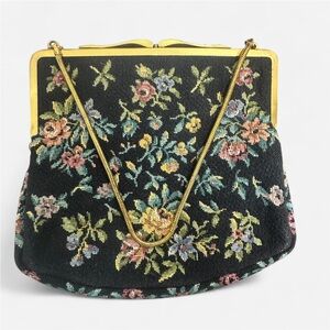 1950s Vintage Embroidered Floral Black Tapestry Clutch Purse